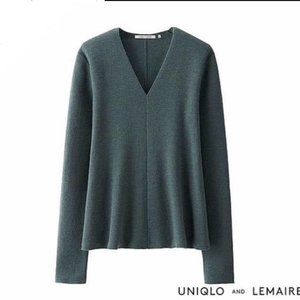 Uniqlo and lemaire green milano rib flare v neck knit sweater